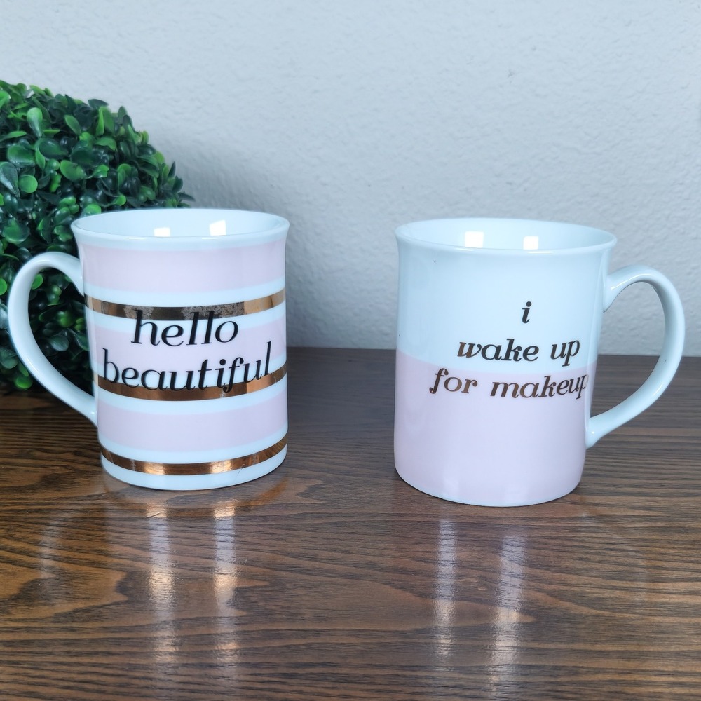Set 2-Hello Beautiful Coffee Mug & I Wake Up For Makeup Pink Gold Novelty